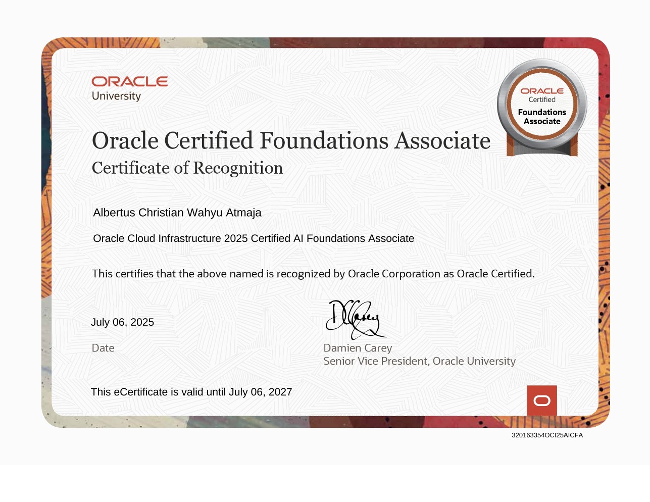 Oracle Cloud Infrastructure 2025 Certified AI Foundations Associate badge